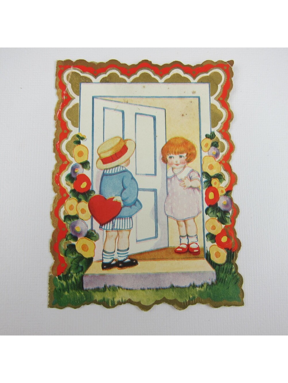 Vintage Valentine Card Die cut Bifold Redhead Girl Boy at Door Flowers Embossed